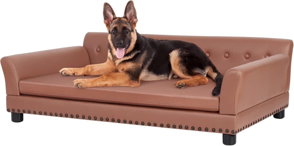 BingoPaw Luxus Hundesofa XXL aus wasserdichtem Leder mit Rückenlehne und orthopädischem Kissen, braun
