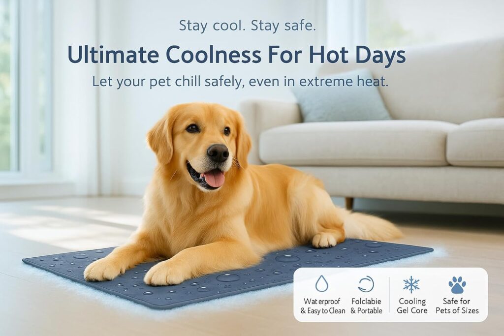 Flamingo Kühlmatte mit Tropfenmuster und Hund